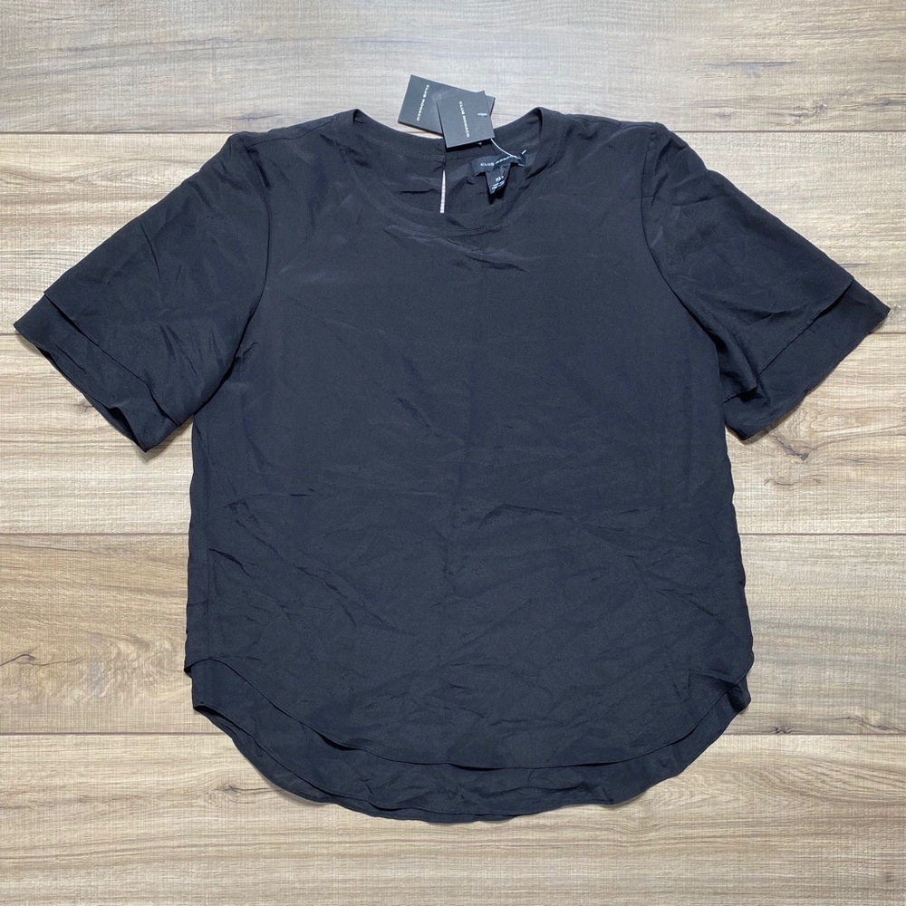Club Monaco Womens Overlay Short Sleeve Top Size XS Black Curved Hem Lined